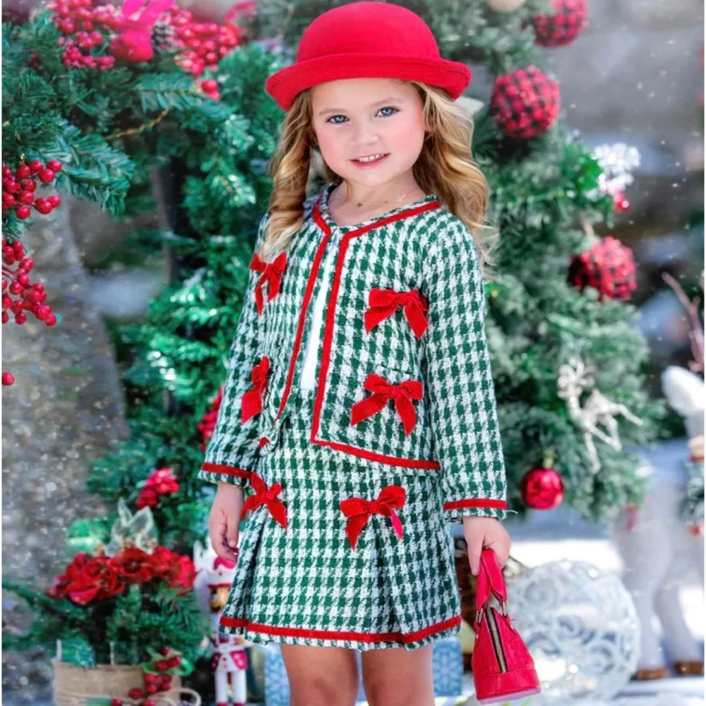 Christmas Matching Outfit Blazer & Pleated Skirt Set With Bows